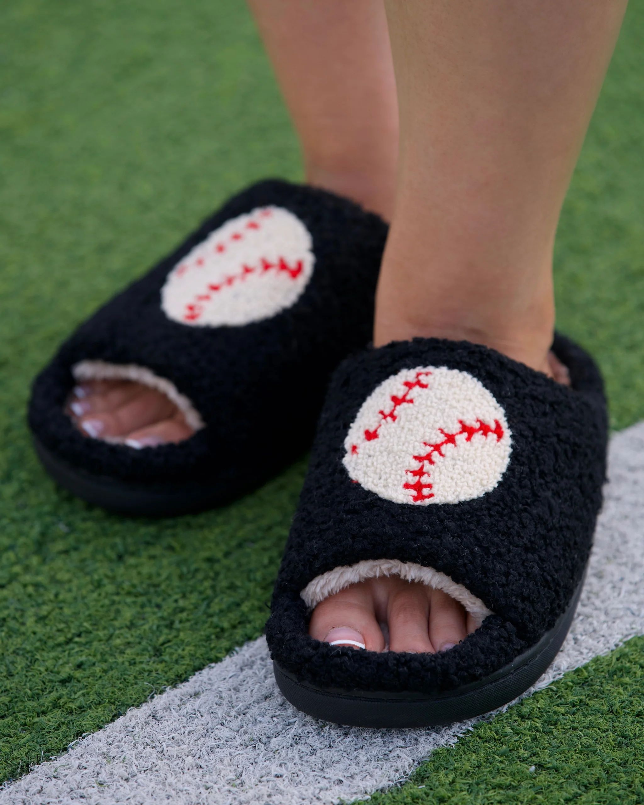 Black Baseball Cozy Plush Open Toe Slippers | Live Love Gameday®