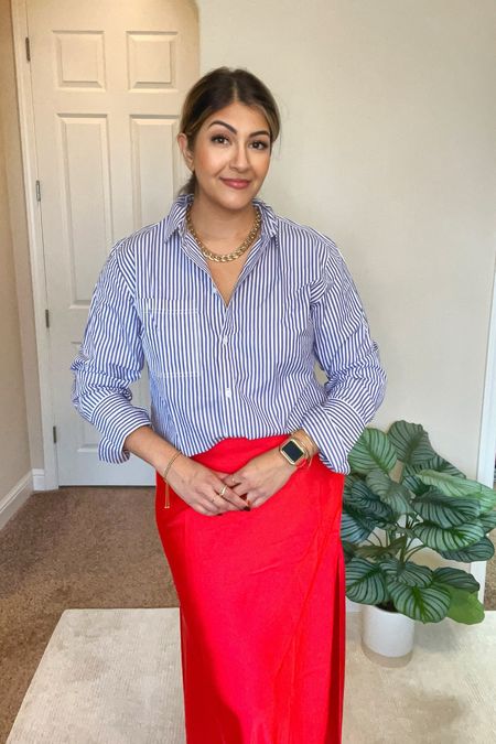 These pieces from Jcrew are on sale! Tailored spring workwear from Jcrew. This satin skirt is also perfect for a Valentine’s Day outfit. Wearing large in shirt and skirtt

Business casual outfit / button down top / business meeting / workwear 

#LTKworkwear #LTKmidsize #LTKsalealert