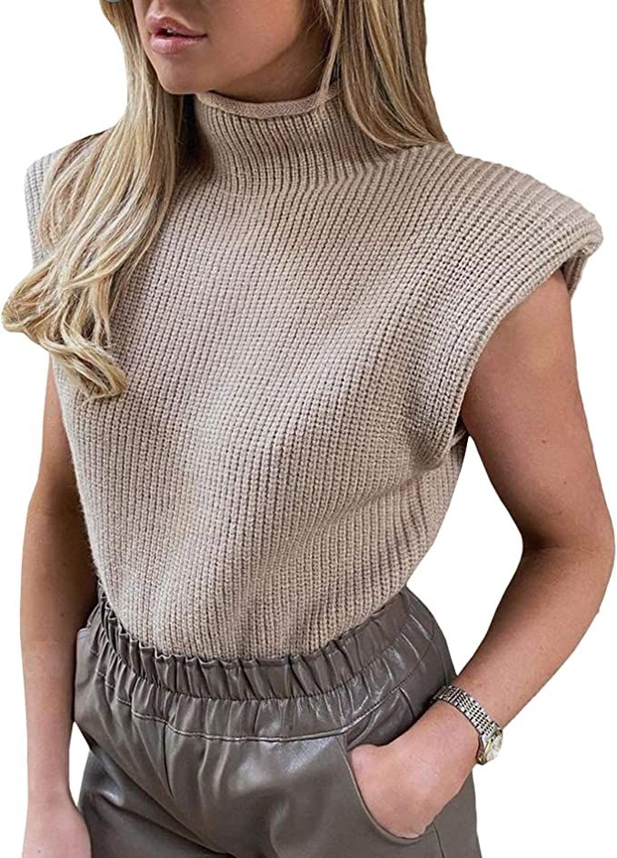 xxxiticat Women's Shoulder Pad Sweater Top Sleeveless Turtleneck Wide Shoulder Knitted Sweater Ju... | Amazon (US)