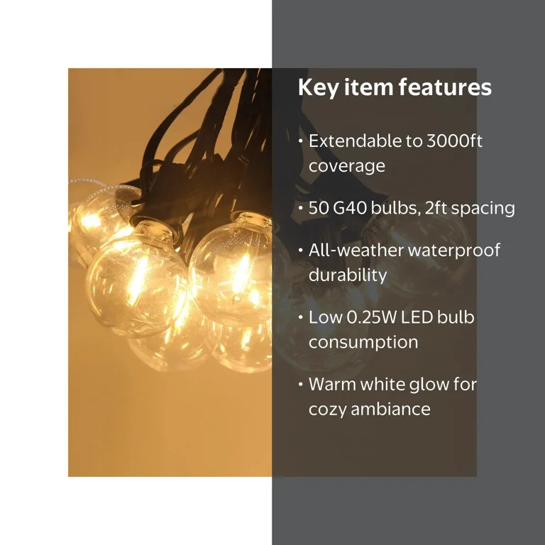 DAYBETTER Outdoor String Lights,100ft,with 50 G40 Edison Vintage Bulbs,Waterproof for Patio Garde... | Walmart (US)