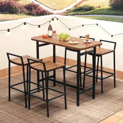 17 Stories 5 Pcs Acacia Wood Bar Table Set Outdoor Bar Height Table & Chairs With Metal Frame | Wayfair North America