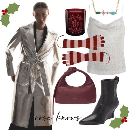 Show your stripes with this silver trench outfit with a sequin bling cami mixed with wine color accessories and new boots by tag and bone 💕 great gifts too 

#LTKitbag #LTKGiftGuide #LTKparties