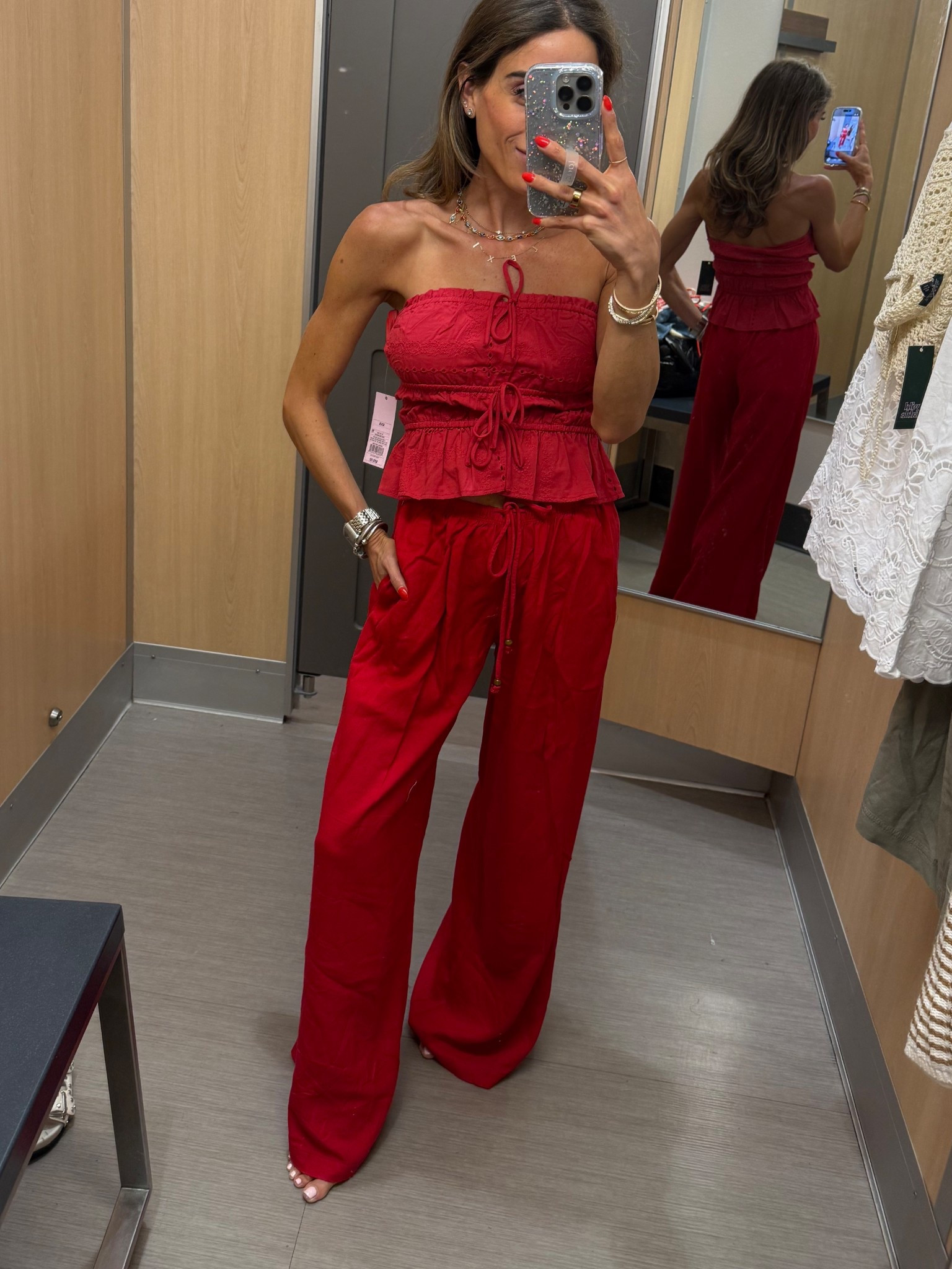 This red eyelet strapless top is now available online! Wearing xxs with red drawstring pants 
Target style 

#LTKPetite #LTKSeasonal #LTKootd