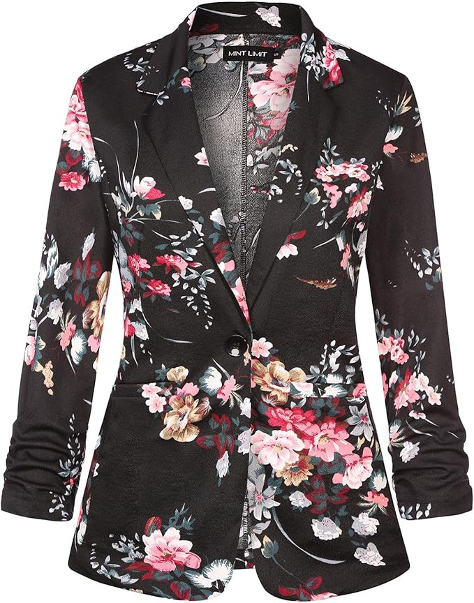 MINTLIMIT Women's Casual Blazer 3/4 Ruched Sleeve Open Front Button Work Office Blazer Jackets wi... | Amazon (US)