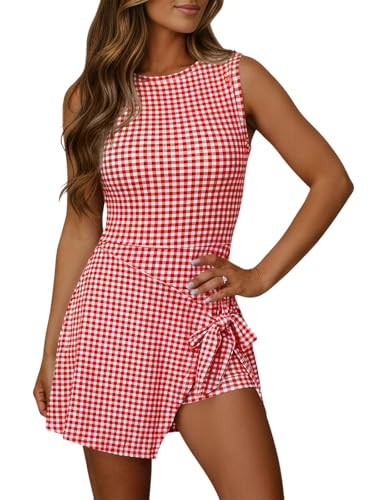 Wenrine Womens Summer Sleeveless Mini Dress Gingham Romper Skort Tank Dress | Amazon (US)