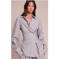 Light Grey Pinstripe Woven Asymmetric Button Shirt, Moss Grey | PrettyLittleThing UK