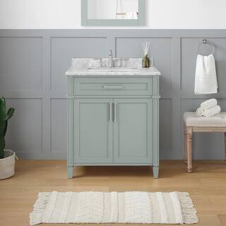 Caville 30 in. W x 22 in. D x 34.5 in. H Bath Vanity in Sage Green with Carrara Marble Top | The Home Depot