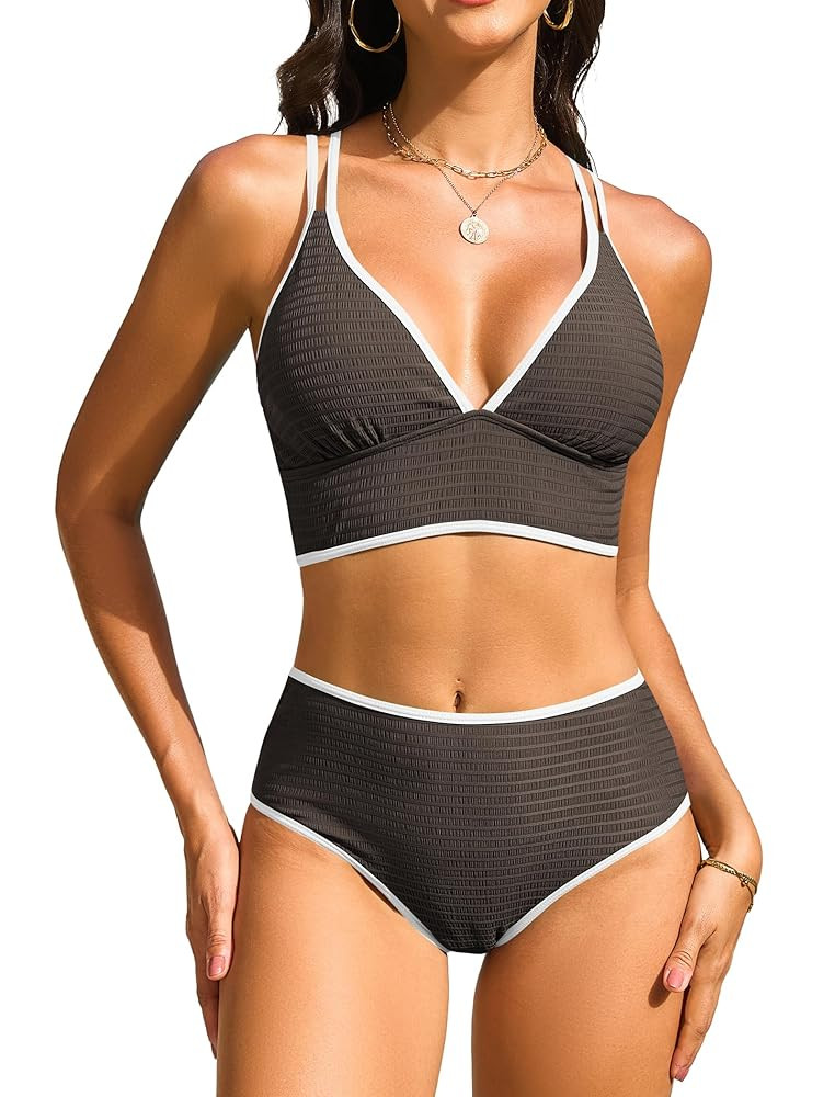 ZAFUL Women High Waisted Bikini Sets Tummy Control Two Piece Swimsuits Crisscross Back Textured 2... | Amazon (US)