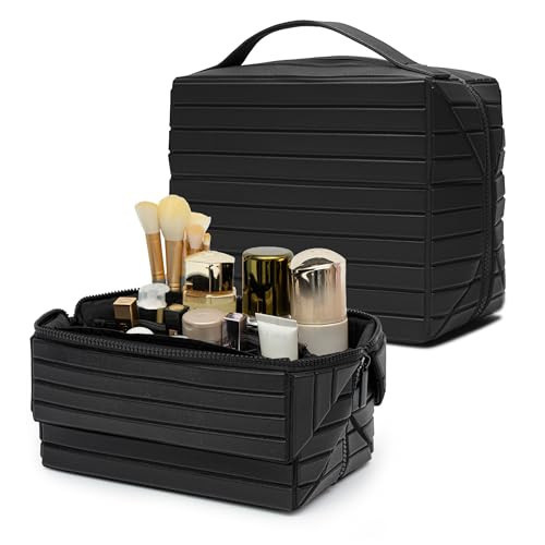 Minoisome Travel Makeup Bag,PU leather toiletry bag,make up organizer case for women,Large Capacity Cosmetic Bag,Wide-open Pouch Purse，Toiletries Accessories，Fold-Down Design and Adjustable Dividers. | Amazon (US)