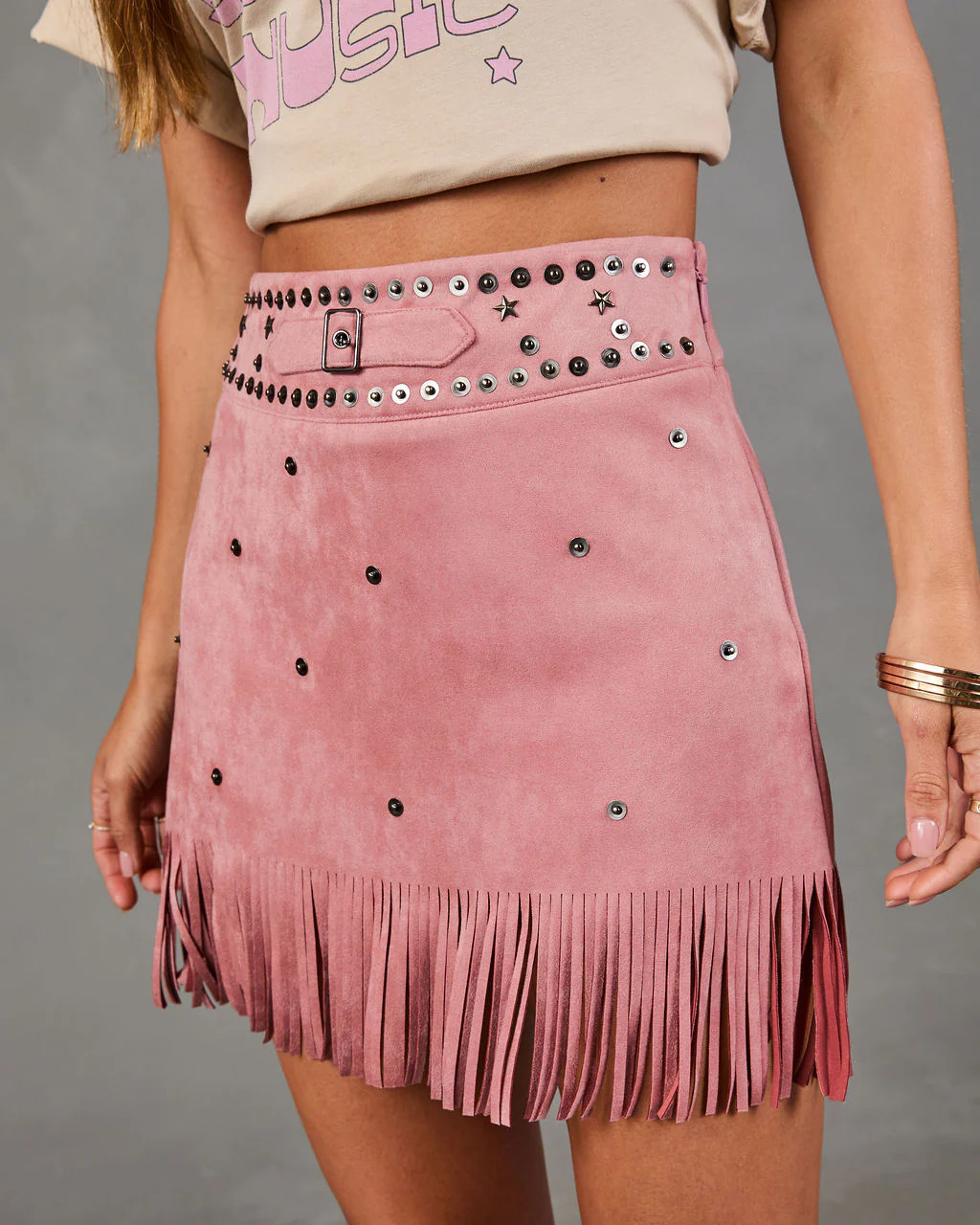 Country Nights Embellished Faux Suede Fringe Mini Skirt | VICI