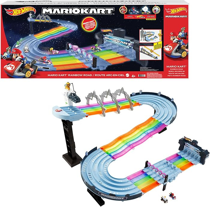 Hot Wheels Mario Kart Rainbow Road Raceway 8-Foot Track Set with Lights & Sounds & 2 1:64 Scale V... | Amazon (US)