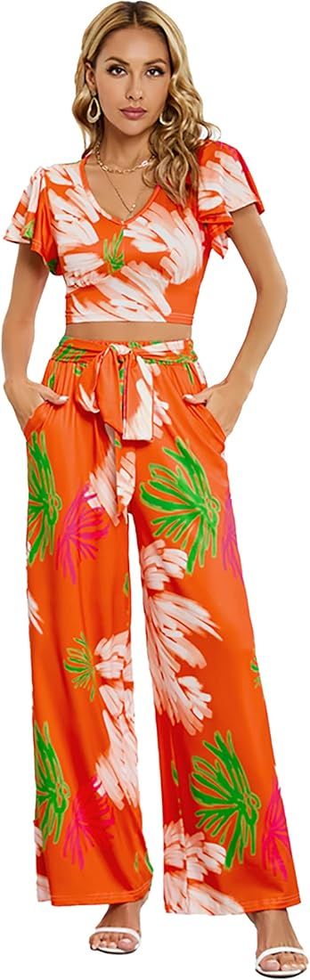 MOONCOLOUR Womens 2 Piece Outfits for Women, Short Sleeve Crop Tops Wide Leg Long Palazzo Pants J... | Amazon (US)
