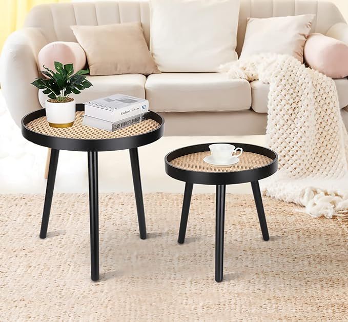 Amazon.com: Rattan Round Coffee Table Set of 2, Black Coffee Tables for Living Room, Small Mid Ce... | Amazon (US)