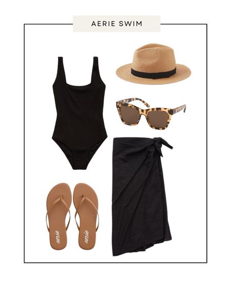 Aerie swim. Black one piece swimsuit. Swim coverup. Straw hat. Neutral resort outfit 

#LTKswim #LTKtravel #LTKSeasonal