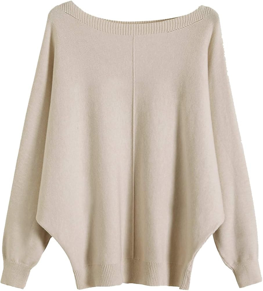 Boat Neck Batwing Sleeves Dolman Knitted Sweaters and Pullovers Tops for Women | Amazon (US)