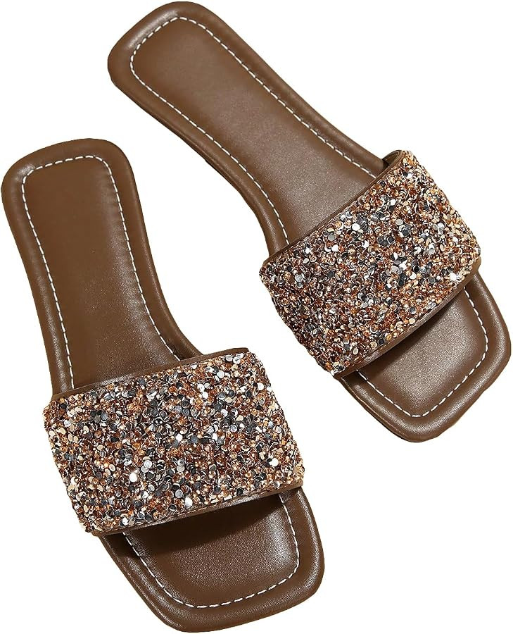 Verdusa Women's Rhinestone Sandals Open Toe Glitter Sparkly Flats Sandal | Amazon (US)