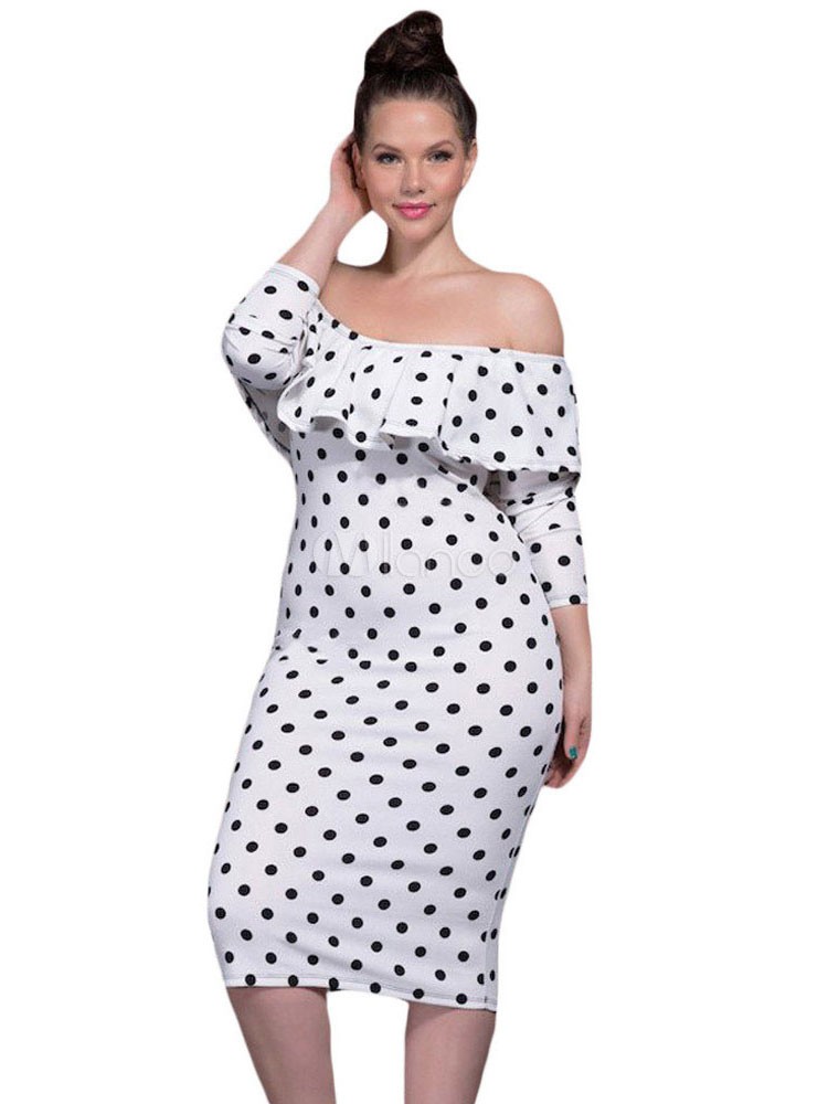 Polka Dot Dress Off The Shoulder White Ruffles Bodycon Dress Women's 3/4 Length Sleeve Knee Length Wiggle Dress | Milanoo