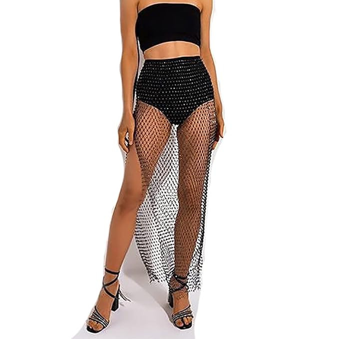 Sparkly See Through Mesh Dress Black Rhinestone Fishnet Split Skirt Bikini Nightclub Body Jewelry... | Amazon (US)
