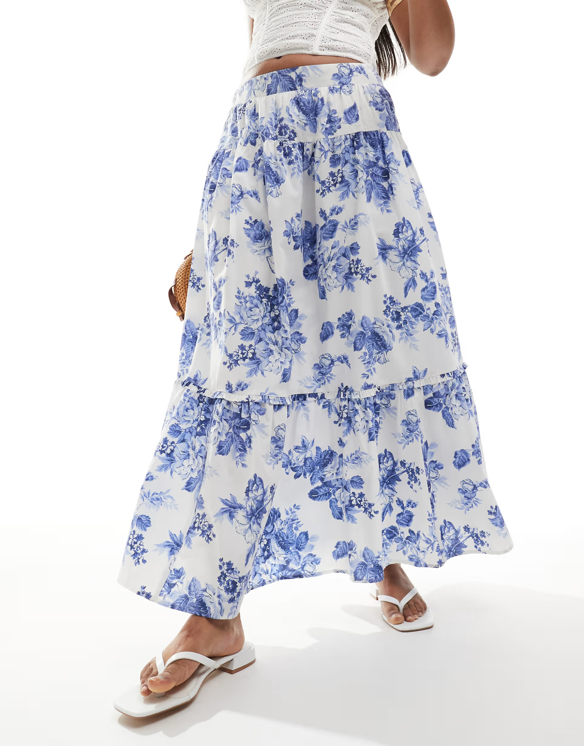Abercrombie & Fitch tiered maxi skirt in white with blue flower print | ASOS (Global)
