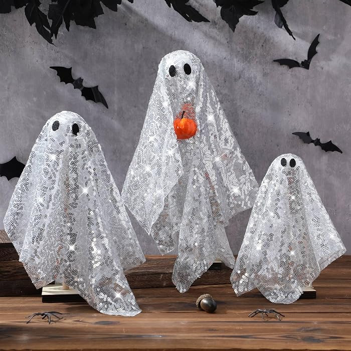 Yookeer 3 Pcs Halloween Ghost Table Decoration with Pumpkin, Disco, Silver | Amazon (US)