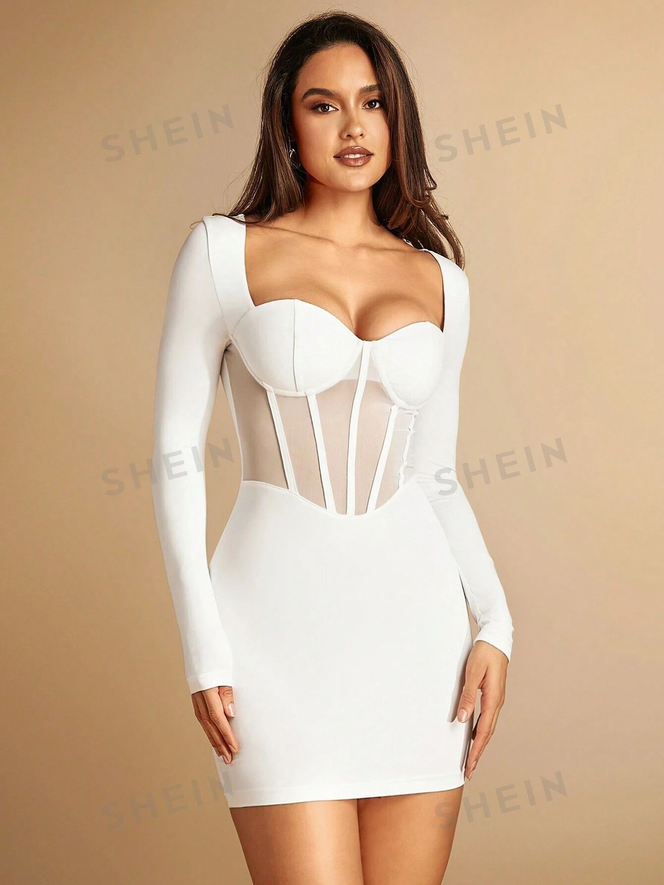SHEIN BAE Sweetheart Neck Mesh Insert Bodycon Dress  SKU: sz2305308395905055(100+ Reviews)Trendin... | SHEIN
