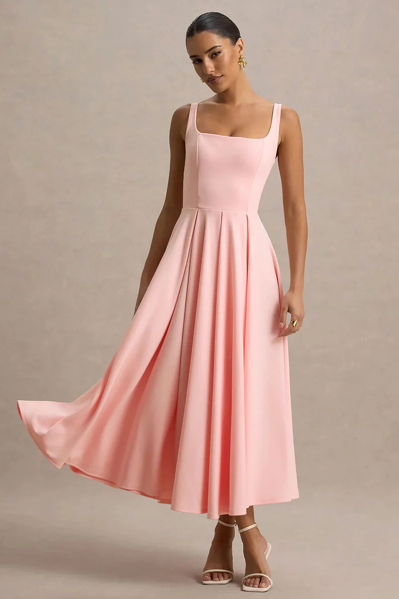 Parina  Pink Strappy Volume-Hem Midi Dress | Club L London