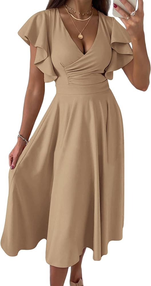 PRETTYGARDEN Womens 2024 Summer Midi Dress Ruffle Cap Sleeve V Neck Swing A Line Cocktail Party D... | Amazon (US)