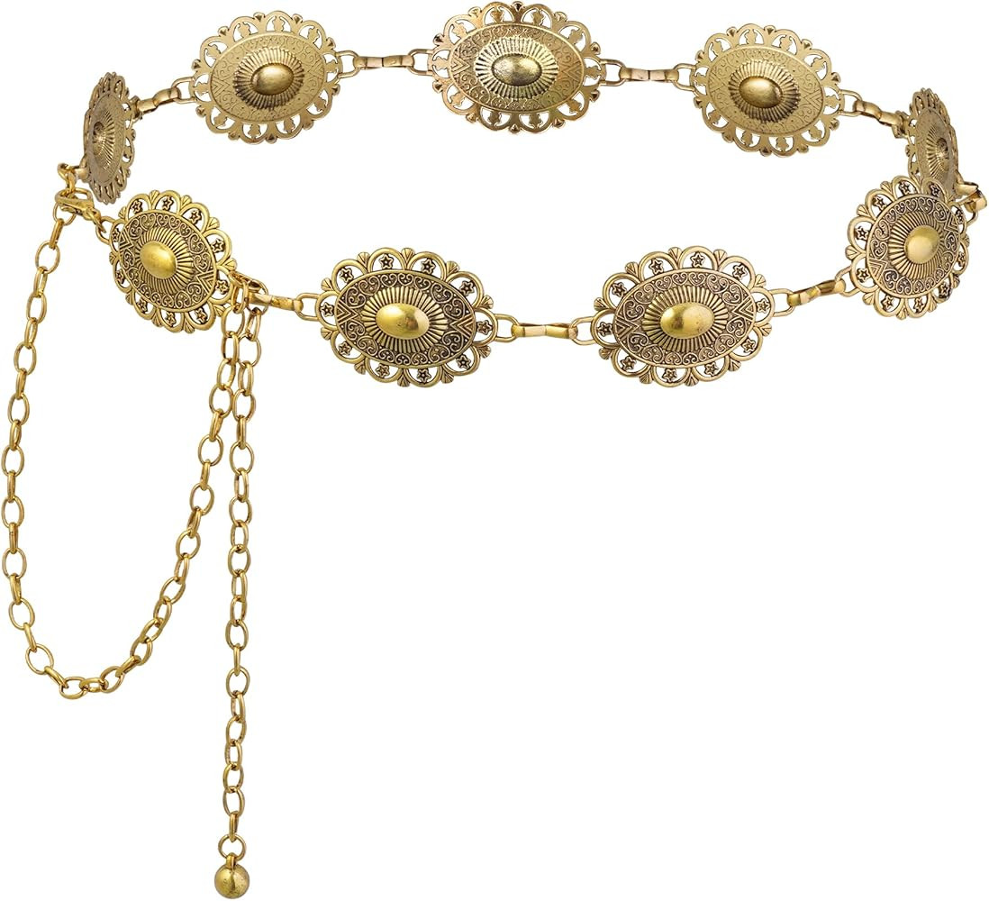 Western Oval Concho Chain Belt for Women Metal Waist Chain Belt for Dresses Jeans Western Cowgirl | Amazon (US)