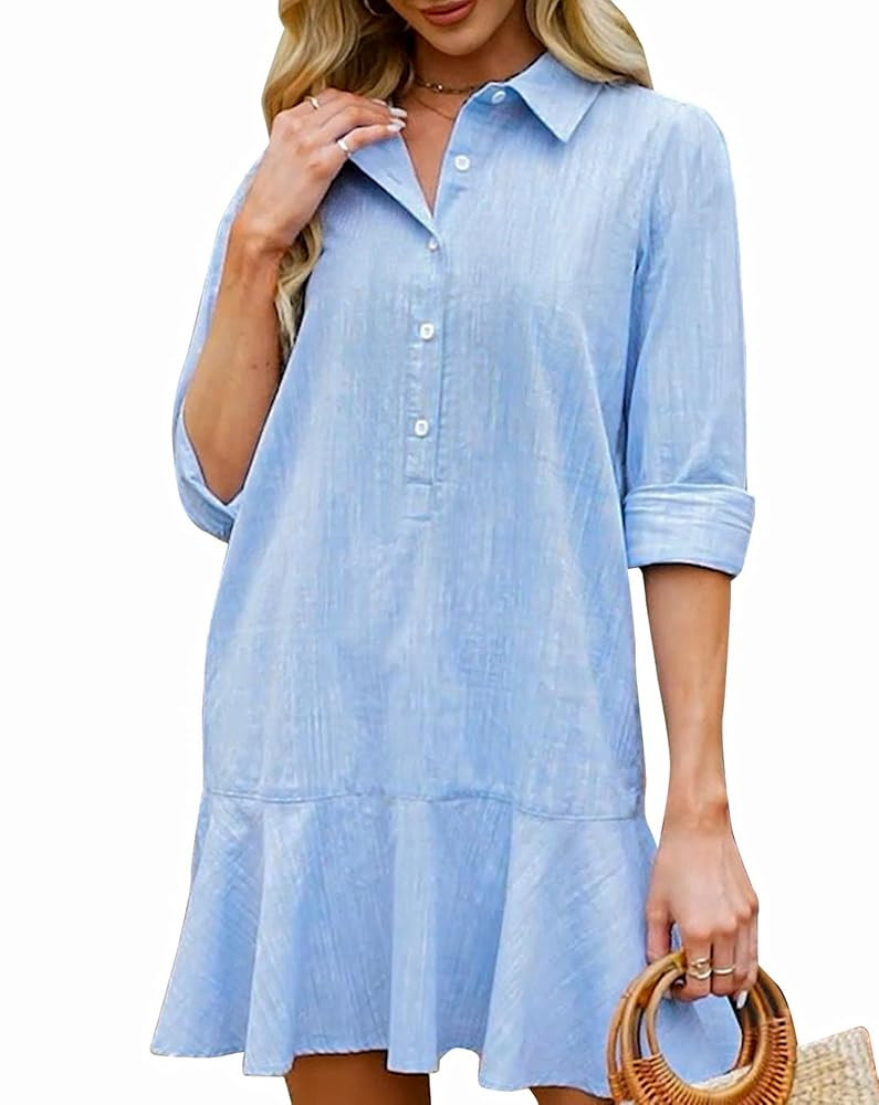 Kedera Women‘s Tunic Shirt Mini Dress Long Sleeves Short Dress Button Up Ruffle Hem Shift Dress... | Amazon (US)