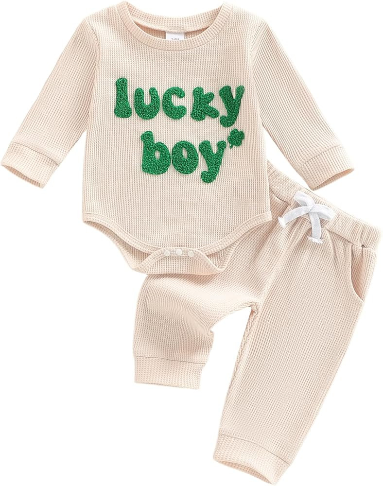 Newborn Baby Boy St Patricks Day Outfit Lucky Boy Embroidery Waffle Long Sleeve Romper Pants Set ... | Amazon (US)
