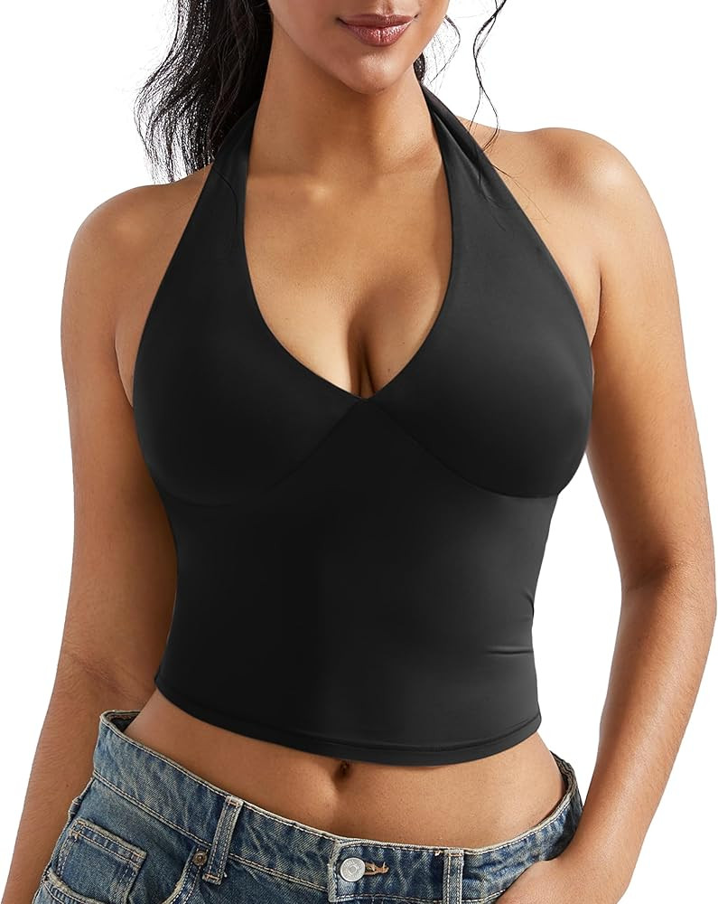 OMKAGI Womens Tank Tops Sexy Halter V Neck Going Out Tops Sleeveless Y2K Crop Top | Amazon (US)