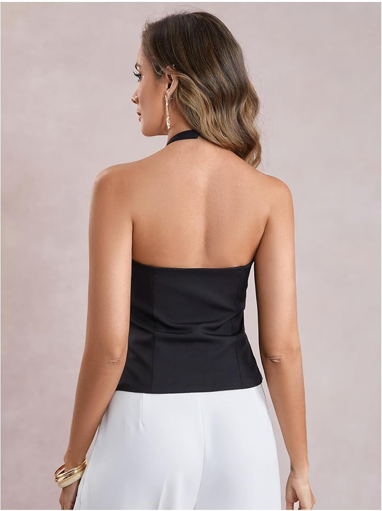 MakeMeChic Women's Rhinestone Bow Knot Sleeveless Backless Halter Top Summer Shirt | Amazon (US)