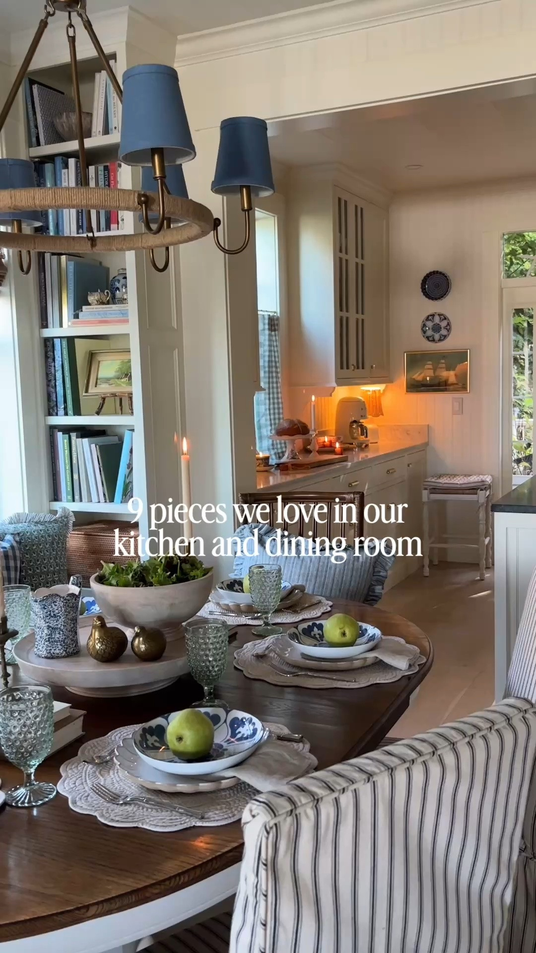 9 pieces we love in our kitchen and dining room from @ballarddesigns #ballarddesignspartner ✨ Slipcovered dining chairs, quilted placemats, jute wrapped chandelier, woven seat counter stools with ticking stripe cushion, lazy Susan, and more. 🤍 I love how classic, timeless pieces from Ballard Designs effortlessly mix with the things we’ve collected and loved over the years, creating a warm and welcoming place to gather. 🤎