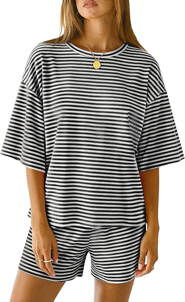 LOMON Two Piece Sets for Women Summer 3/4 Sleeve Tops and Elastic Waist Shorts Pajamas Cute Comfy... | Amazon (US)