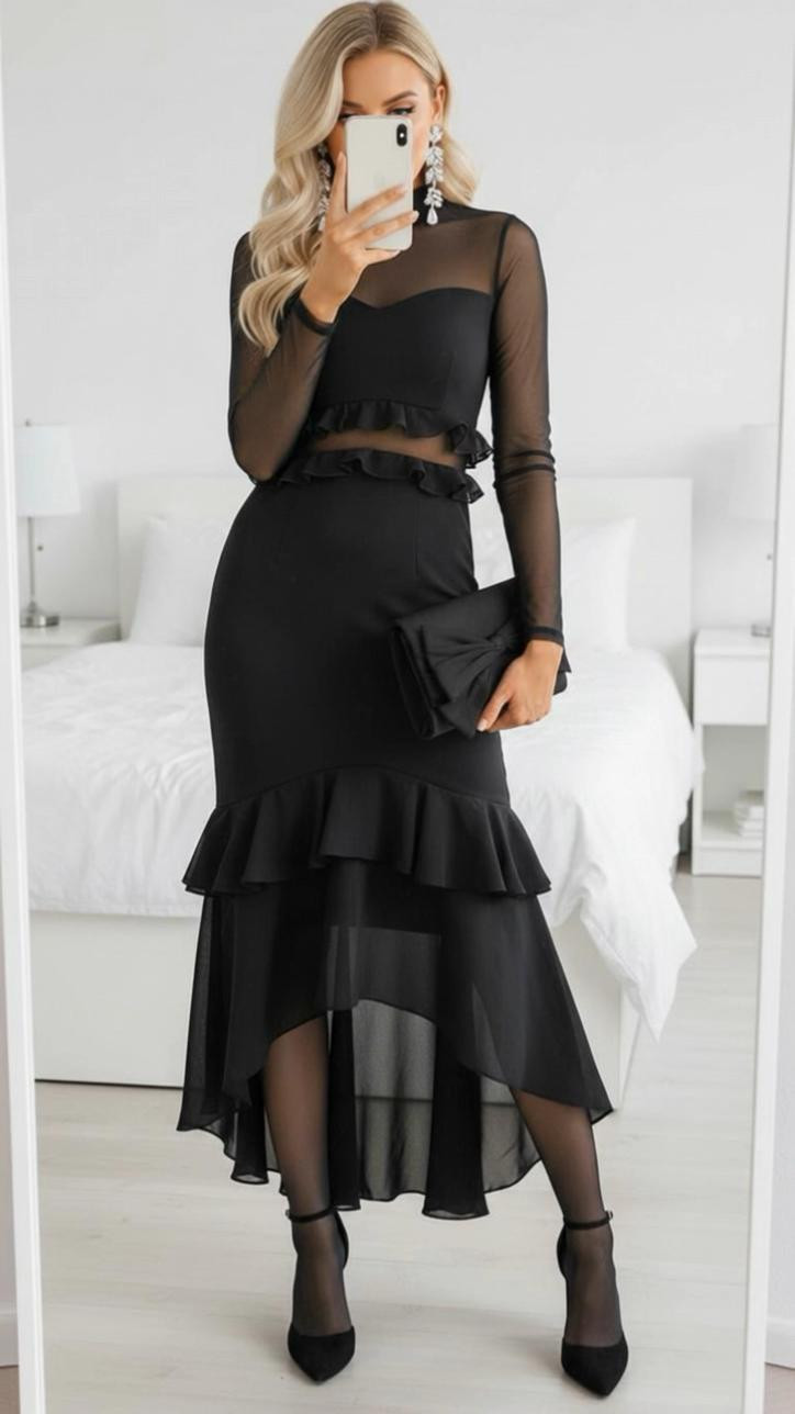 How fun is this dress you could wear this for New Year’s Eve? You can wear this for a winter wedding if you have a fun holiday party this would be so cute. Something just a little different than everybody else has but definitely still super affordable. I love that you have the little sheer part in the middle give it really cute. Look with the ruffles and then you can pair it with some great Boots. Some really fun accessories would be great. This is the perfect winter outfit.

#LTKHoliday #LTKvlog #LTKSeasonal