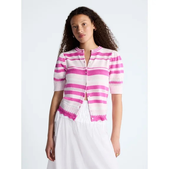 Free Assembly Women's Textured Stripe Cardigan Sweater with Short Puff Sleeves, Lightweight, Size... | Walmart (US)