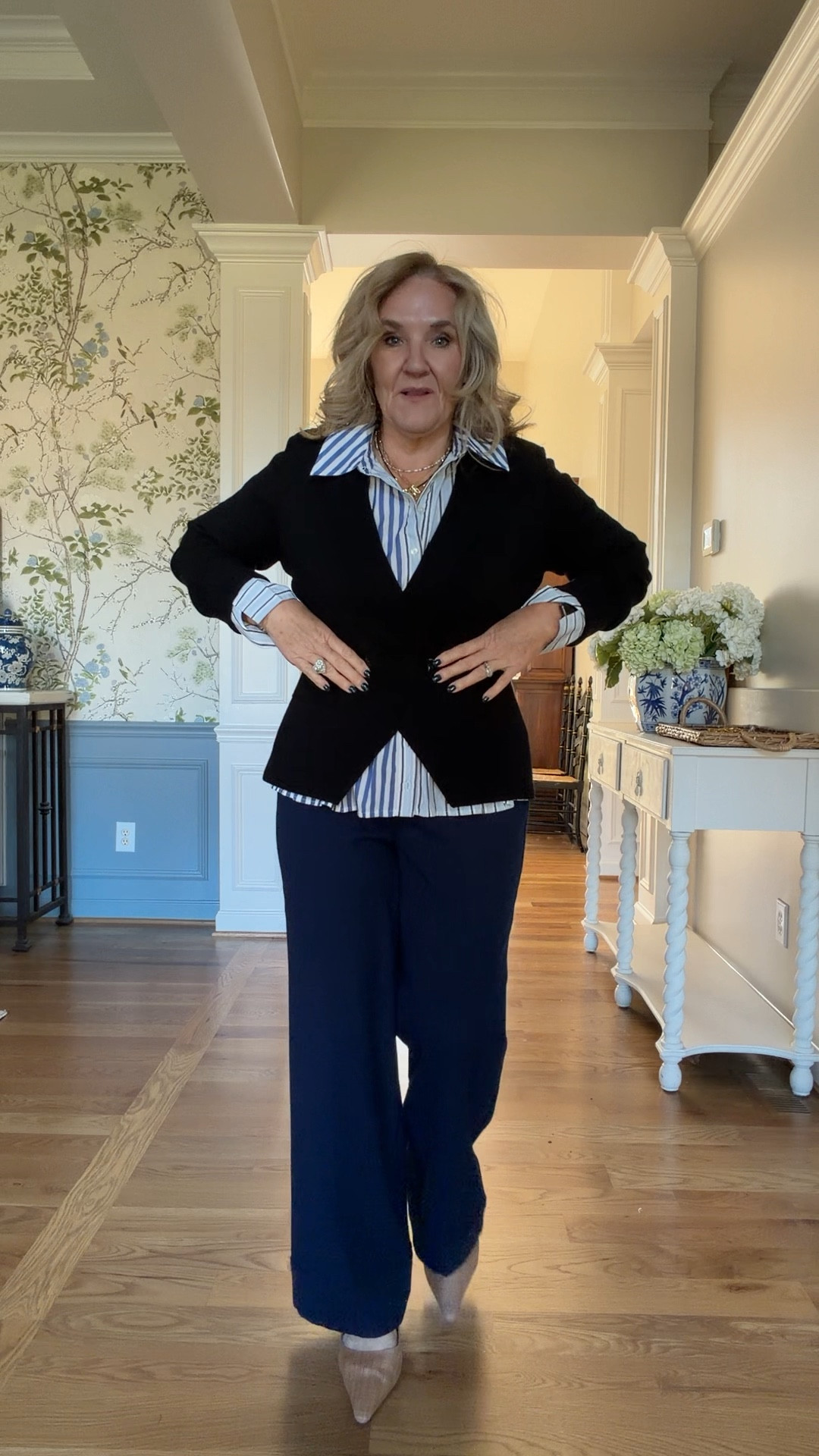 Sweater blazer size medium. It’s not very heavy. It’s a really nice weight for every day use. And I love the cinch in waist when you button it.
Peplum blouse full button front. Size medium I’m also gonna link the Nordstrom rack blouses because they are lower price point.
These trousers are really nice. Wearing size 8 petite I love the wide cuff and they’re very comfortable. Side zip closure with snap pockets on the back.
Wearing my favorite sling back I size up a half size for a little extra room in the toes

Work outfit conference outfit office outfit

#LTKOver40 #LTKPetite #LTKWorkwear