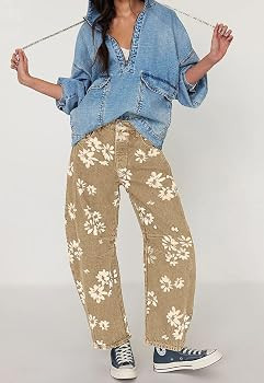 loveimgs Women Y2k Distressed Barrel Jeans Baggy Wide Leg Jeans Floral Printed Boyfriend Patchwor... | Amazon (US)