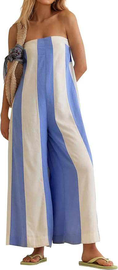 Ythomm Womens Striped Wide Leg Jumpsuits Boho Strapless Long Romper Off Shoulder Summer Jumpsuits... | Amazon (US)