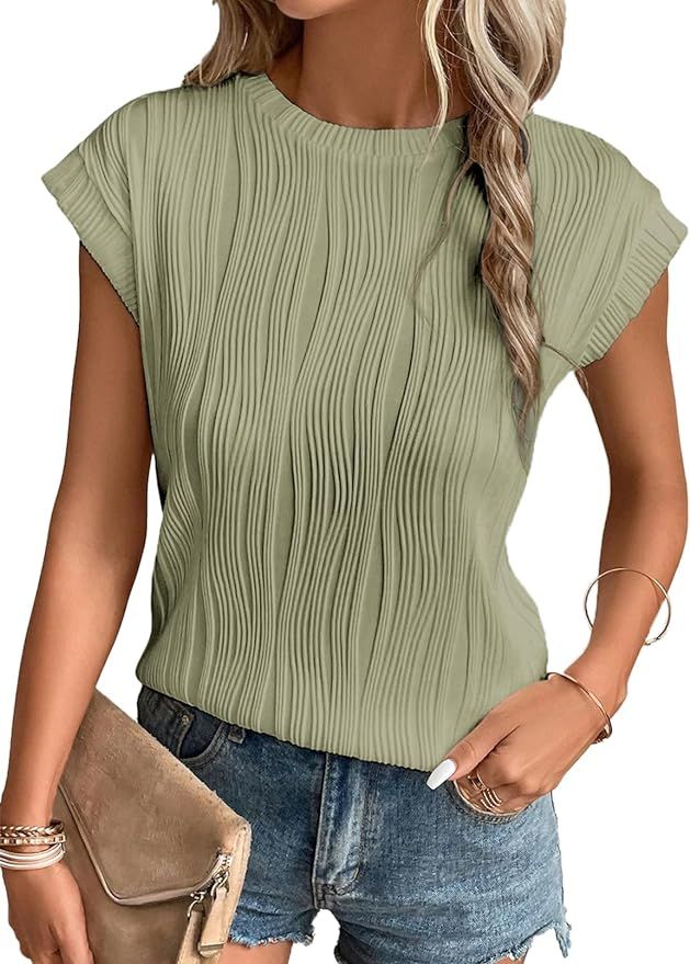 EVALESS Womens Short Sleeve Textured Tops Crewneck Knit Solid Loose Casual Basic T Shirts Tee Blo... | Amazon (US)
