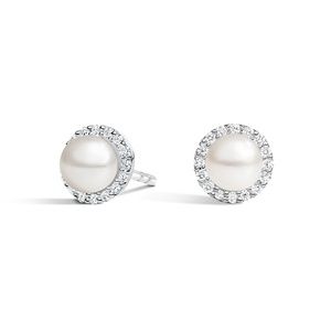 18K White Gold Freshwater Cultured Pearl Halo Diamond Earrings (5mm) | Brilliant Earth