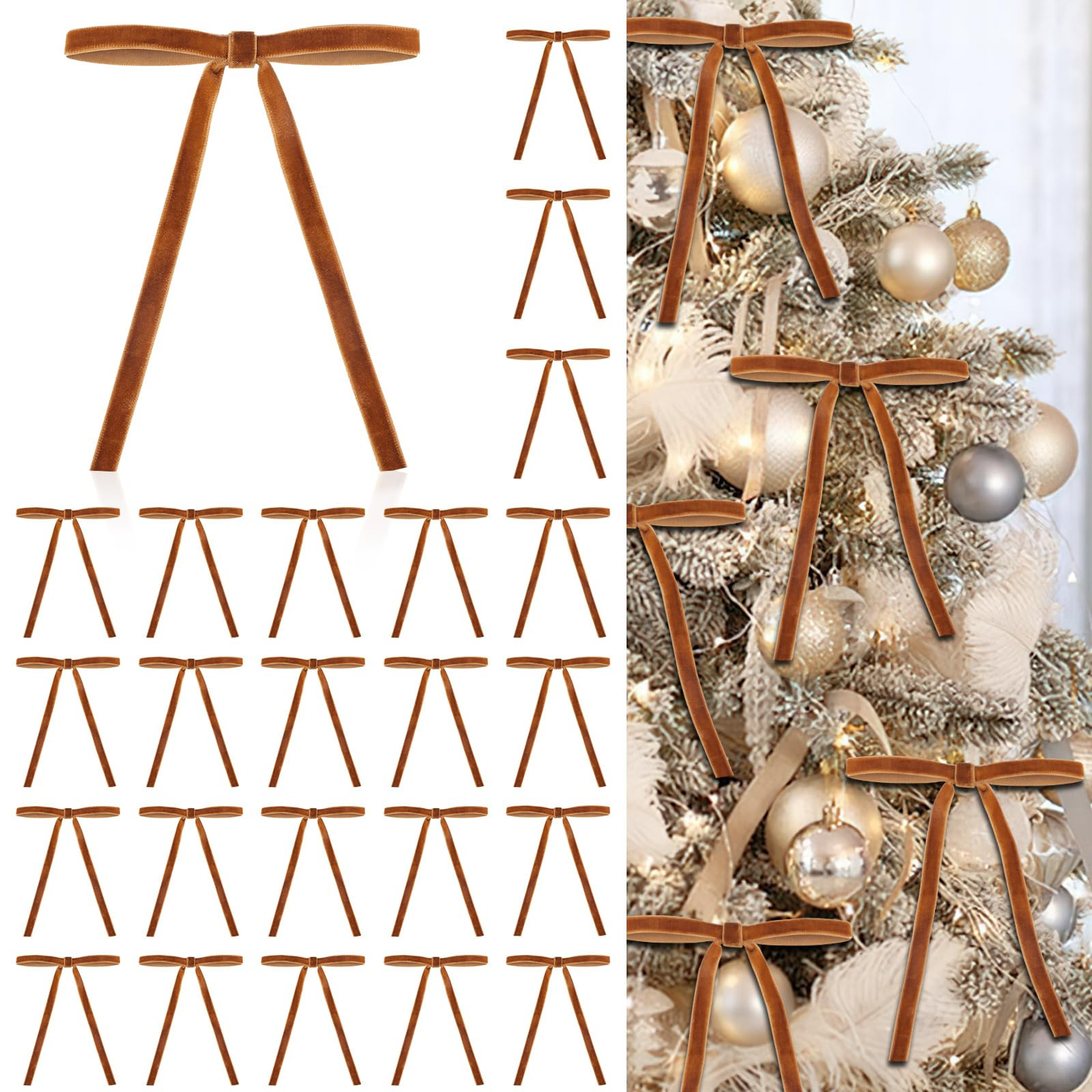 24 Pcs Velvet Bows for Christmas Tree, Elegant Khaki Christmas Tree Bows, 5”x7” Pre-Tied Velv... | Amazon (US)