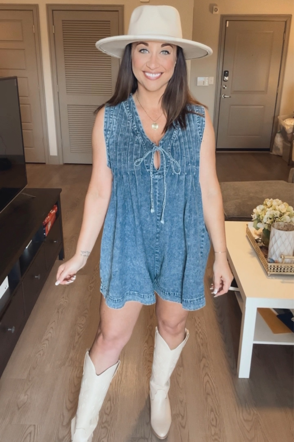Denim romper, country concert outfit idea 

#LTKstyletip #LTKsalealert #LTKfindsunder50