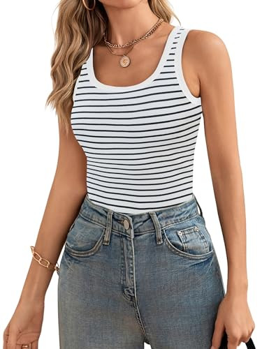 Blooming Jelly Women's Tank Tops Built in Bra Summer Trendy Sleeveless Tops Ribbed Square Neck Shirts(White Striped, Small | Amazon (US)