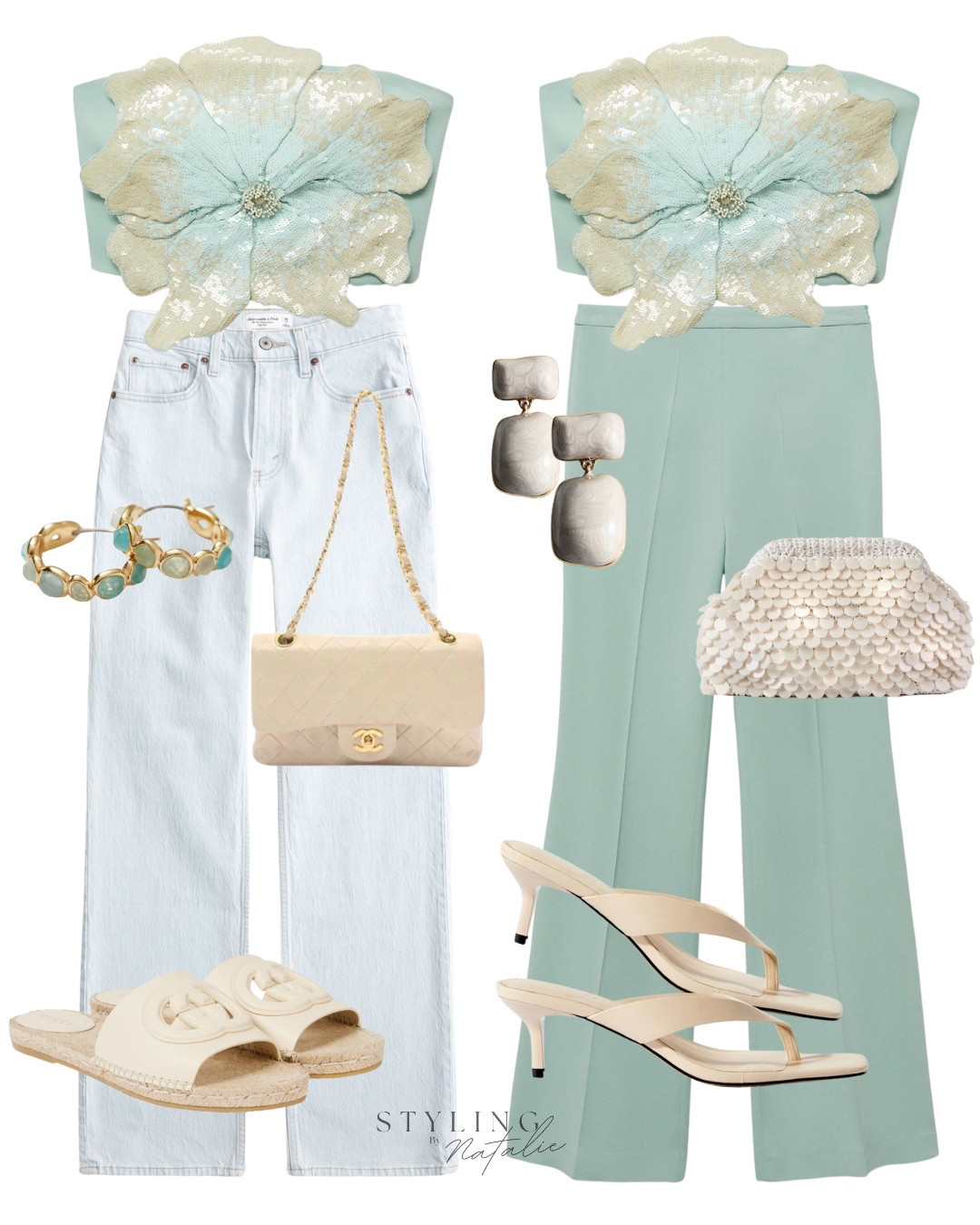 Two ways to style the new in sequin crop top, casual vs smart. Jeans, flare trousers, espadrilles, kitten heel sandals, green outfit, holiday outfit, going out look, date night. 

#LTKAroundTheWorld #LTKsummer #LTKpartywear