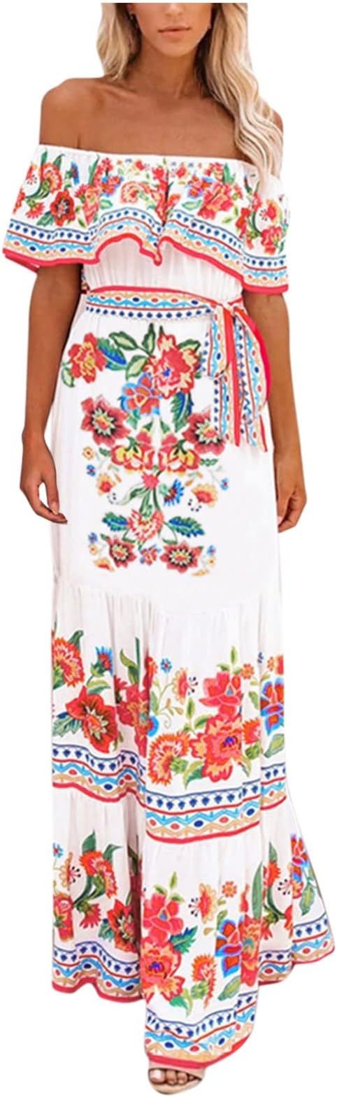 Mexican Dress for Women Off The Shoulder Ethnic Print Summer Maxi Dresses Ruffle Collar Party Cas... | Amazon (US)