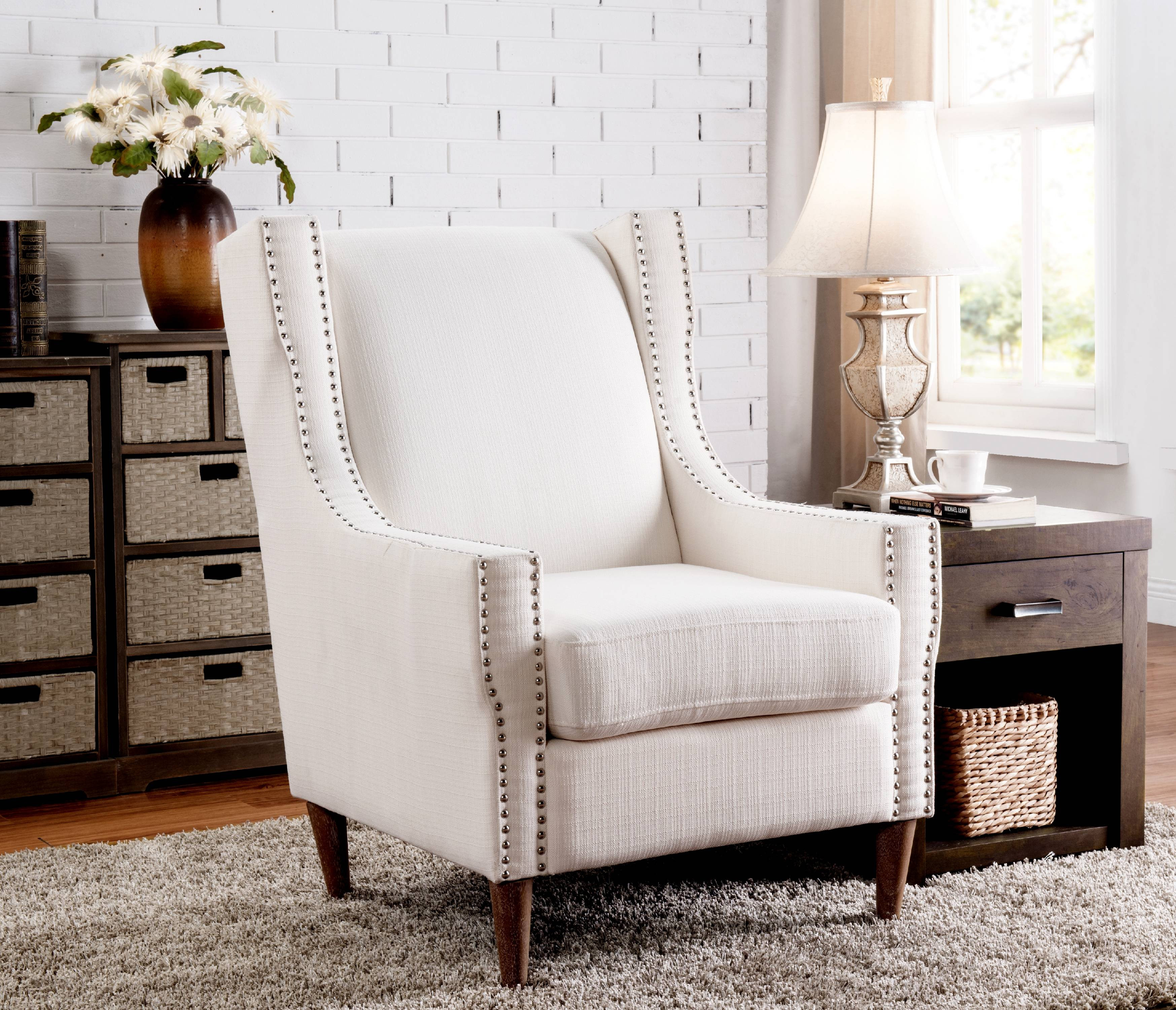 Chic Home Kepler Linen Modern Contemporary Silver Nail head Trim Solid Oak Legs Accent Chair, Bei... | Walmart (US)