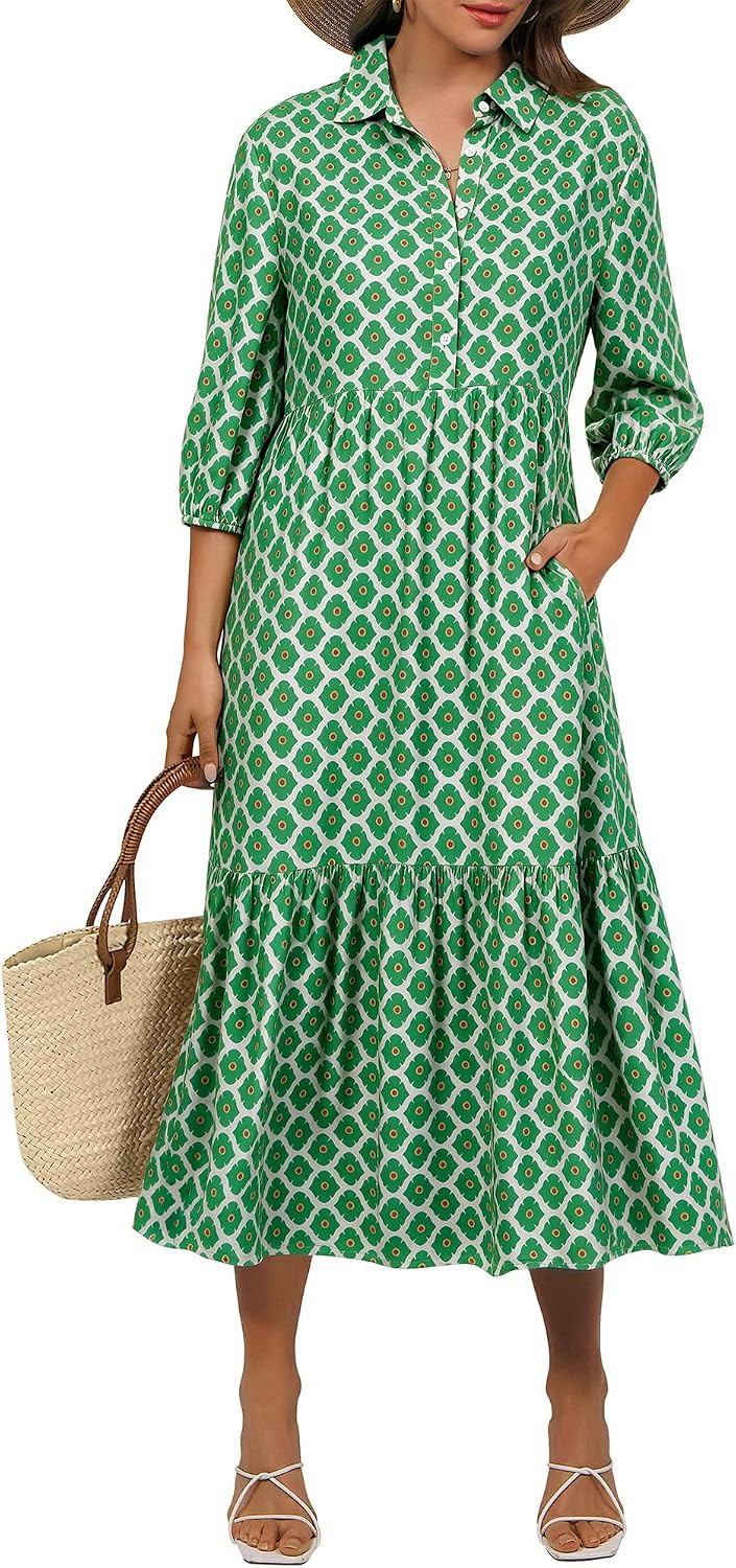 ANRABESS Women 3/4 Puff Sleeve Polo Neck Floral Maxi Dress | Amazon (US)