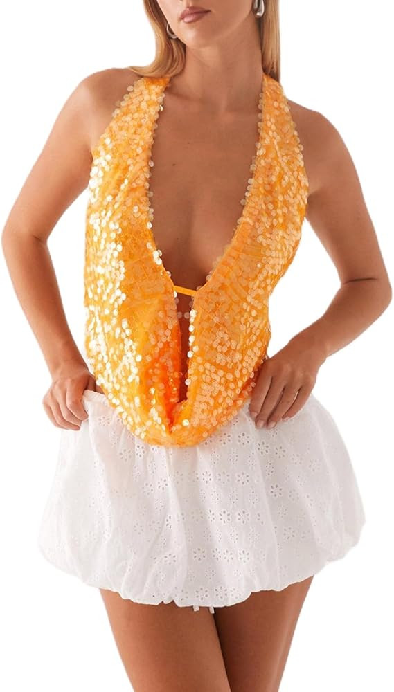 Women Sequin Halter Tank Tops Sleeveless V Neck Bling Glitter Crop Top Backless Shiny Party Cami ... | Amazon (US)