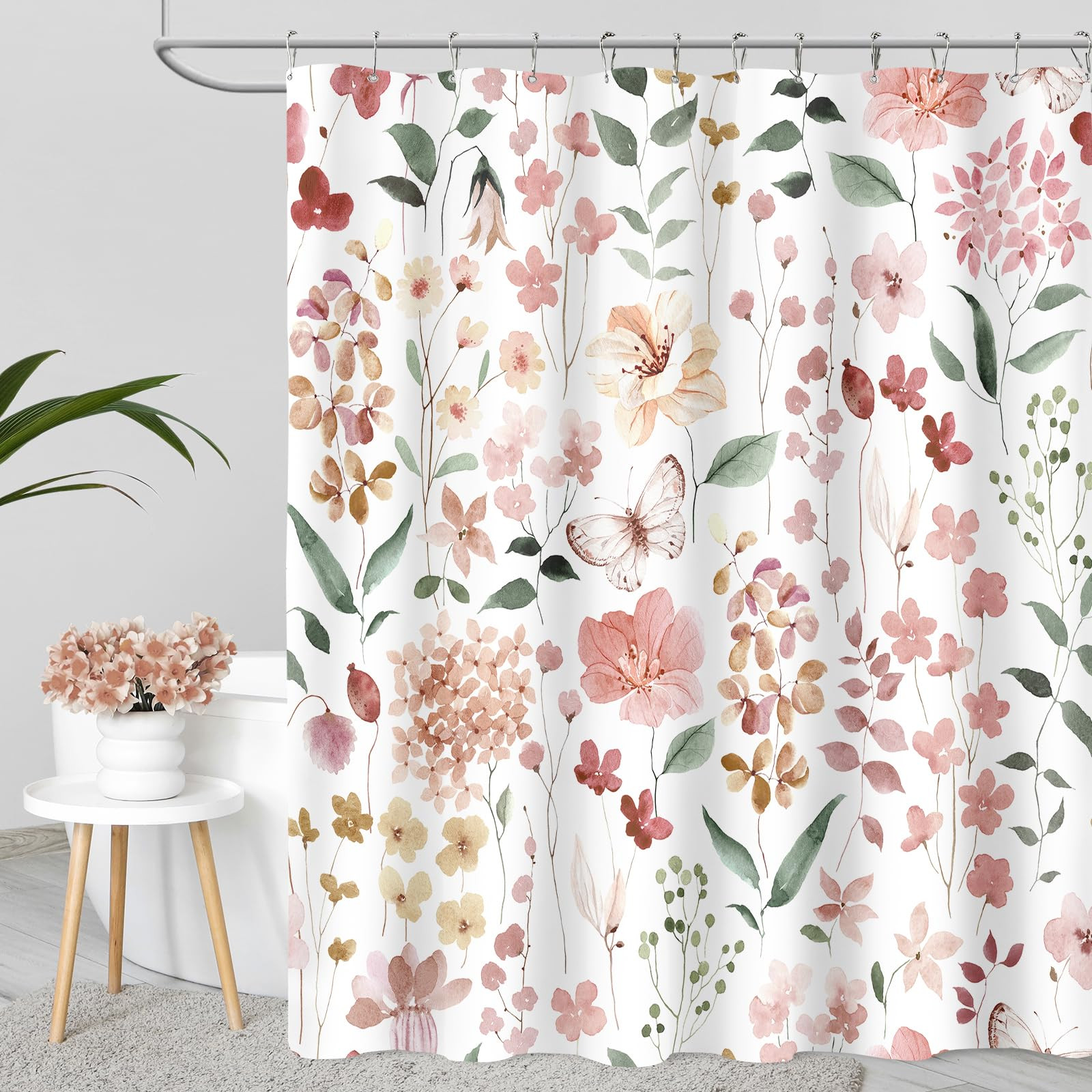 Coral Pink Floral Shower Curtain, Peach Pink Flower Fabric Shower Curtain for Bathroom, Blush Pin... | Amazon (US)